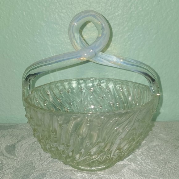 Antique Jefferson Art Glass Clear and Opalescent Bowl with Looped Handle - Picture 1 of 6